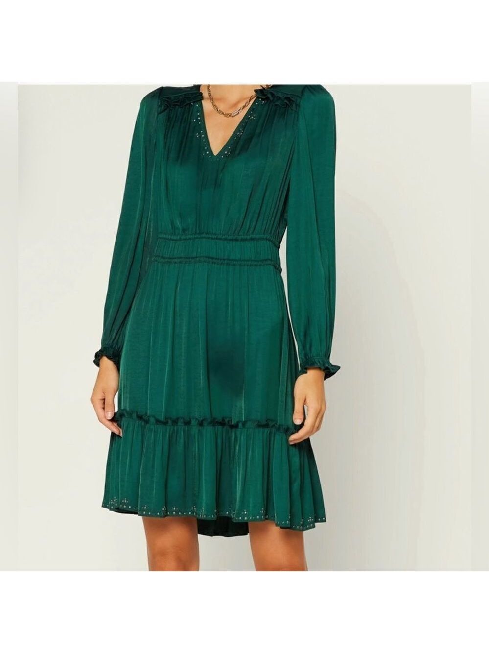 Current Air Beaded Ruffle Tiered Fit And Flare Long Sleeve Dress